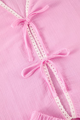 Trendyolmilla Pembe %100 Pamuklu Dantelli ve Baglama/Fiyonklu Muslin Sortlu Dokuma Pijama Tak?m? THMSS25PT00025 фото 7