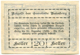 20 геллеров 1920 года Австрия Райнсберг (нотгельд)