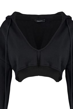 Siyah Kal?n Ici Polarl? Kapusonlu V Yaka Rahat Kesim Crop Orme Sweatshirt TWOAW23SW00096