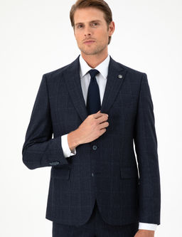 Lacivert Slim Fit Ekose Y_n Tak_m Elbise
