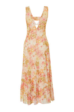 Cok Renkli Cicekli Cicek Bask?l? V Yaka Tul Esnek Orme Elbise TWOSS24EL00384