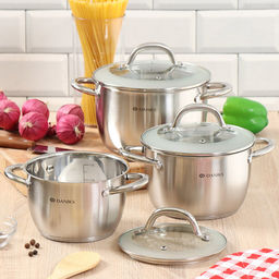 Набор посуды нерж. сталь, 6 предметов, кастрюли 1.9, 2.7, 3.7 л, индукция, Daniks, Перл, GS-01205-6