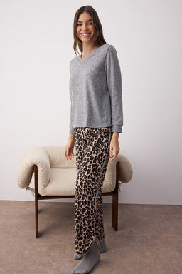 Gri-Cok Renkli Leopar Desenli Biyeli Ust Yumos, Alt %100 Pamuklu Orme Pijama Tak?m? THMAW26PT00035 - Trendyolmilla фото 2
