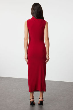 K?rm?z? Duz Buzgulu Maxi S?f?r Kol Drapeli Bodycone/Vucuda Oturan Esnek Orme Elbise TWOSS24EL00101