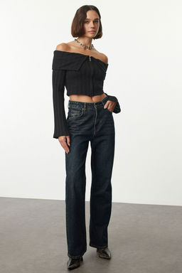 Trendyolmilla Siyah Fermuar Detayl? Carmen Yaka Crop/K?sa Regular/Normal Kal?p Orme Bluz TWOAW25BZ00070  фото 2