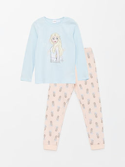 Bisiklet Yaka Elsa Bask?l? Uzun Kollu K?z ?ocuk Pijama Tak?m?