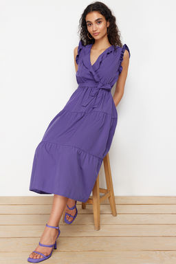 Mor Kusakl? A Kesim Kruvaze Yaka Midi Dokuma Elbise TWOSS24EL00914