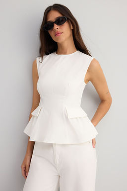 Ekru Pamuklu Gabardin Peplum Cep Detayl? Dokuma Bluz TWOSS25BZ00538