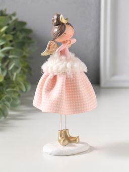 Сувенир полистоун "Ангелочек в розовом клетчатом наряде с мехом" 6х5,5х17,5 см