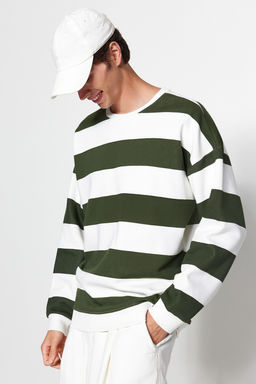 TRENDYOL MAN Indigo-Ekru Oversize/Genis Kesim Bisiklet Yaka Cizgili Ici Polarl? Pamuklu Sweatshirt TMNAW24SW00098 - Trendyolmilla фото 3