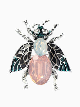 Брошь «Муха", резные крылья, цвет зелёно-розовый в черёном серебре