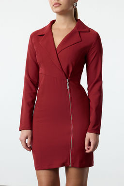 Bordo Ceket Yaka Fermuar Detayl? Dokuma Elbise TWOAW24EL00292