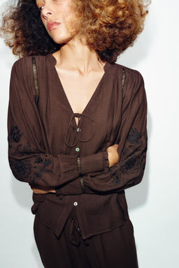 CAMISA BORDADOS ENTREDOSES / Marr?n - Zara фото 3