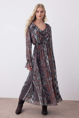 Cok Renkli Boho Bask?l? F?rf?r Detayl? Skater/Belden Ac?lan Midi Esnek Orme Elbise TWOAW26EL00250