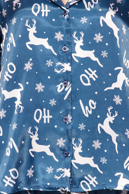 Trendyolmilla Lacivert-Cok Renkli Y?lbas? Temal? Saten Gomlek-Pantolon Dokuma Pijama Tak?m? THMAW24PT00037