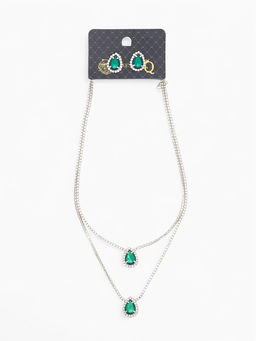 Набор 2 предмета: серьги, колье Жаклин дуэт, капля, цвет бело-изумрудный в серебре, 45 см
