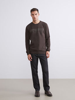 Bisiklet Yaka Bask?l? Erkek Kal?n Sweatshirt