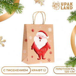 Цена за 6 шт. Пакет бумажный подарочный новогодний крафт с тиснением Дед Мороз, 27?21?11 см