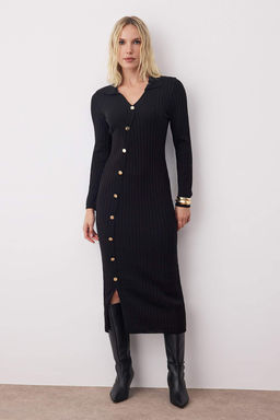 Siyah Duz Midi Asimetrik Dugme Detayl? Triko Uzun Elbise TWOAW26EL00150