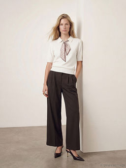 Y?ksek Bel Geni? Pa?a Pileli Kad?n Kuma? Pantolon