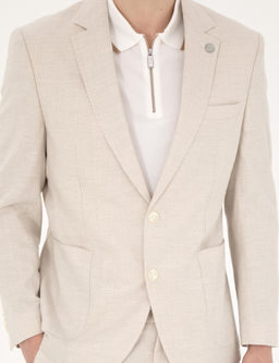 Bej Slim Fit Keten Kar___ml_ _izgili Tak_m Elbise