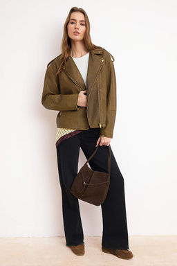 Kahverengi Oversize Kal?p Y?kama Efekctli Suni Deri Biker Ince Ceket Mont TWOAW25MO00010 - Trendyolmilla фото 12