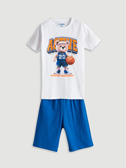 Bisiklet Yaka Ay? Teddy Bask?l? Erkek ?ocuk ?ortlu Pijama Tak?m?