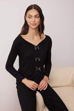 Siyah Puantiyeli Kurdele Detayl? Fitilli Orme Pijama Tak?m? THMAW26PT00071