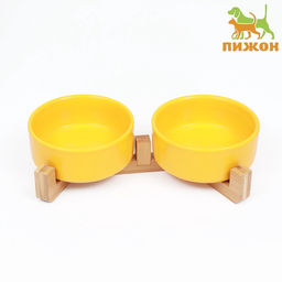 Миски двойные на подставке, 2×450 мл, 28.5×15.5×7 см, керамика, жёлтая