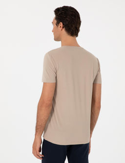 Bej Slim Fit Bisiklet Yaka Pamuklu T-shirt