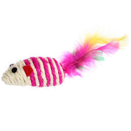 Цена за 6 шт. Игрушка - мышка для кошек "ЦЕПКИЕ ЛАПКИ", канатная с пёрышками, микс 3 цвета, 7*3,5см (пакет с хедером)