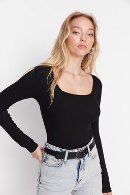 Siyah Kare Yaka Uzun Kollu Fitilli Esnek C?tc?tl? Orme Body TWOAW21BD0022