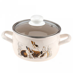 Зайчата Кастрюля эмалированная 2,0л, форма полусфера, стеклянная крышка, нержавеющий ободок (Россия)