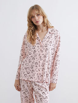 G?mlek Yaka Bask?l? Kad?n Pijama ?st?