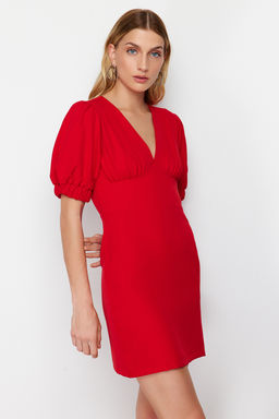 K?rm?z? A Kesim S?rt Datayl? Balon Kollu Mini Dokuma Elbise TWOSS24EL00652
