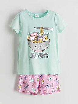 Bask?l? K?z ?ocuk ?ortlu Pijama Tak?m