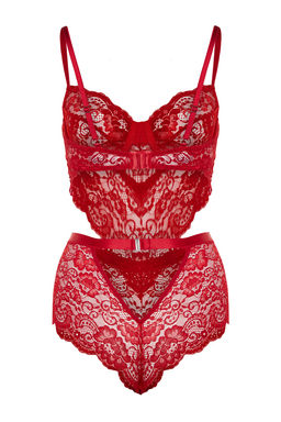 Koyu K?rm?z? Dantelli Pencere/Cut Out Detayl? Ip Ask?l? C?tc?tl? Orme Body THMAW23BD00026