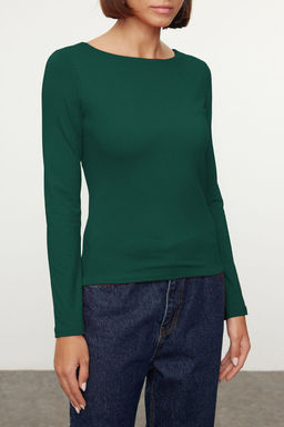 Zumrut Yesili Pamuklu Kay?k Yaka Fitted/Vucuda Oturan Esnek Bluz TWOAW24BZ00166