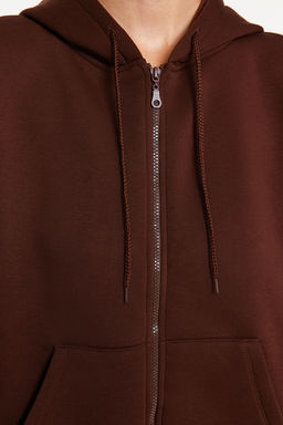 Kahverengi Oversize/Rahat Kesim Basic Kapusonlu Kal?n Ici Polarl? Orme Sweatshirt TWOAW24SW00188
