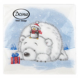 Салфетки бумажные "Desna Design" 24х24см, 1 слойные, 40 штук в упаковке, 100% целлюлоза, "Мишка и пингвин" (Россия)