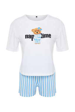 Trendyolmilla Kad?n Couple/Cift Cok Renkli %100 Pamuklu Ay?c?kl? Cizgili Sortlu Orme Pijama Tak?m? THMSS24PT00175  фото 10