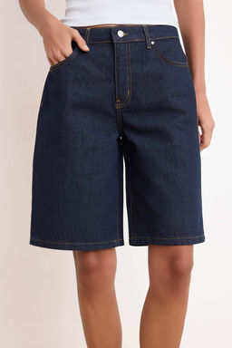 Koyu Mavi Yuksek Bel Denim Bermuda TWOSS24SR00007