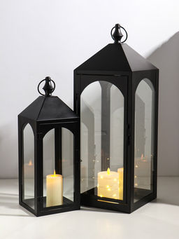 Подсвечник металлический «Фонарь лофт», чёрный, набор 2 шт. свеча 14×14 см, 20×20 см; 15×15×43 см, 21×21×60 см