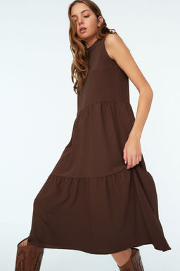 Kahverengi Shift/Duz Kesim Dik Yaka Midi Dokuma Elbise TWOSS20EL1864