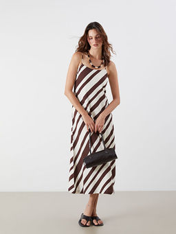 Kare Yaka ?izgili Keten Kar???ml? Elbise