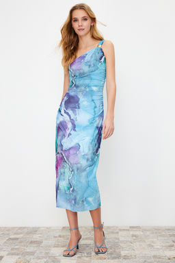 Cok Renkli Tek Kol Vucuda Oturan Aksesuar Detayl? Tul Esnek Orme Midi Kalem Elbise TWOSS24EL00174