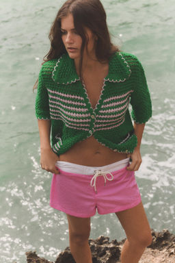CHAQUETA PUNTO CALADO RAYAS MANGA CORTA / Verde - Zara фото 2