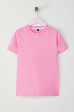 Pembe K?z Cocuk %100 Pamuk Basic K?sa Kol Orme T-Shirt TKDSS25TS00007