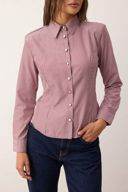 Bordo Cok Renkli Cizgili Gumus Dugme Detayl? Bele Oturan Vatkal? Gomlek TWOAW26GO00064