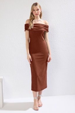 TRENDYOLMILLA Kiremit Duz Maxi Ottoman Esnek Carmen Yaka Vucuda Oturan Orme Elbise TWOSS25EL00327  фото 9